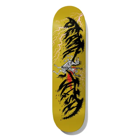 Deathwish Foy Exorcism Failed 8.5 skateboard deck: Skeleton rider on a skeletal horse galloping across the deck, with pink lightning bolts and spiky black metal-style Deathwish lettering above and below, on mustard yellow. Rider's name in scrawled pink text.