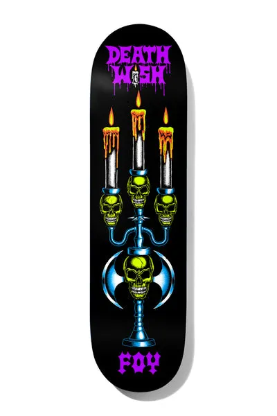 Deathwish Foy Forgotten Relics 8.0 skateboard deck: Gothic candelabra with three lit candles held by yellow-green skulls, with a skull and double-bladed axe base, on a black deck. Dripping purple Deathwish logo at the top and FOY in purple at the bottom.