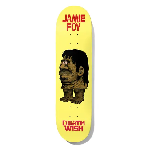Deathwish Foy Froelich 8.38 skateboard deck: Pale yellow deck with a cartoon drawing of a long-haired, big-nosed character with a lumpy face and bare feet, standing, with red block lettering above and Deathwish name below.
