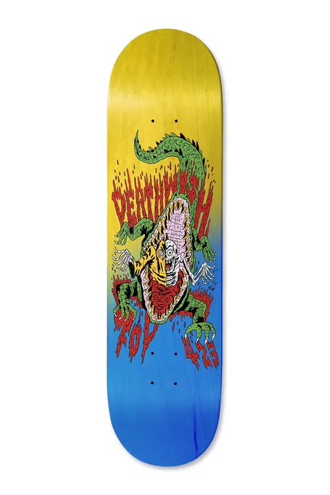 Deathwish Foy Full Heat 8.125 skateboard deck: A cartoon green crocodile with its jaws open wide, revealing a screaming skeletal figure inside, with dripping red lettering on a yellow to blue fade deck.