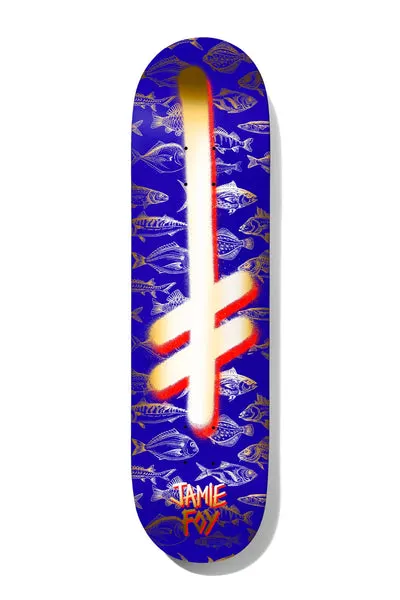 Deathwish Foy Gang Logo Fishes 8.0 skateboard deck: A large spray-painted white and gold Deathwish gang logo with red edges sits over a repeating pattern of gold-outlined fish on a royal blue board, with 'Jamie Foy' in red dripping lettering at the tail.