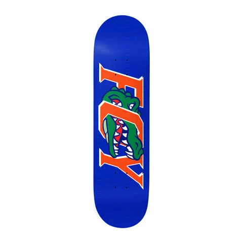 Deathwish Foy Gator Blue 8.5 skateboard deck: Large orange collegiate-style letters spelling the rider's surname with a green alligator head snapping through the middle, on a royal blue deck.
