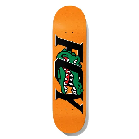Deathwish Foy Gator 8.5 skateboard deck: A green alligator head with open, toothy jaws bursts through large black serif lettering across an orange ground. The letters are a stretched version of the rider's surname.