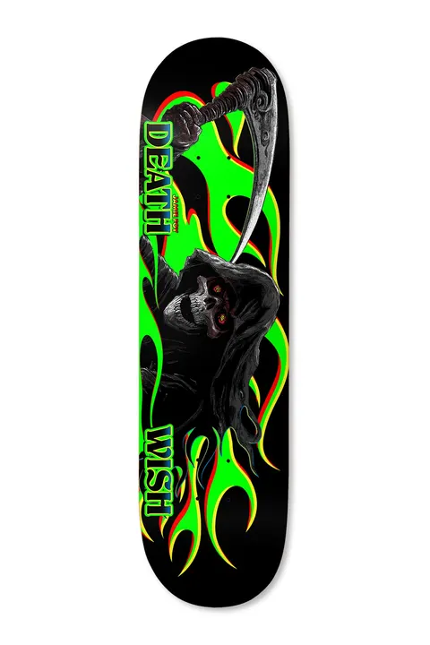 Deathwish Foy Highway Man Twin 8.5 skateboard deck: Hooded grim reaper with glowing orange eyes swinging a scythe, surrounded by neon green flames with red and yellow edges; 'DEATH' and 'WISH' in green letters down the sides of a black deck.