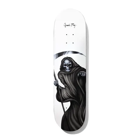 Deathwish Foy Youre Gonna Lose Your Soul 8.38 skateboard deck: Airbrushed grim reaper in a dark hooded robe with a skull face and skeletal hands, holding a long scythe, on a plain white deck with a signature at the top.