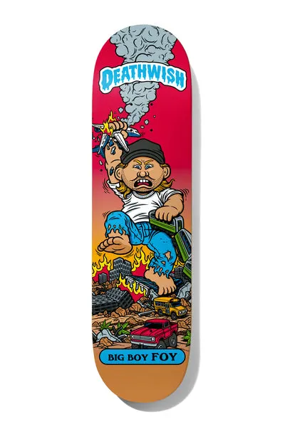 Deathwish Foy Low Life Kids 8.25 skateboard deck: Garbage Pail Kids-style cartoon of a giant man in a cap and white t-shirt stomping through a burning city, holding a plane in one hand and a truck in the other. Dripping blue Deathwish logo at top and 'Big Boy Foy' banner at the bottom.
