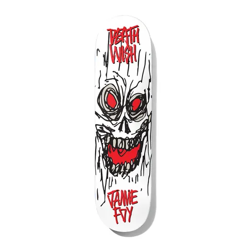 Deathwish Foy Macabre 8.25 skateboard deck: A scribbled, hand-drawn snarling skull with red eyes and a red mouth on a white deck. The red Deathwish logo is at the top and the rider's name at the tail.