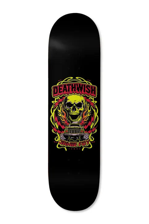 Deathwish Foy Mash The Throttle 8.125 skateboard deck: Badge-style illustration of a yellow skull above a monster truck, with red flames and lightning bolts behind and a yellow swirling frame, on a black deck. Deathwish logo above and Jamie Foy's name below.