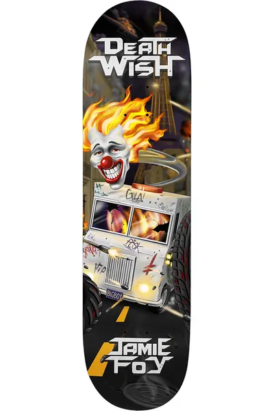 Deathwish Foy Metal Mayhem 8.25 skateboard deck: Airbrushed scene of a flaming-haired clown driving a graffiti-covered armoured truck with large tyres through a burning city with an Eiffel-style tower behind. Deathwish logo at the top and Jamie Foy at the bottom.