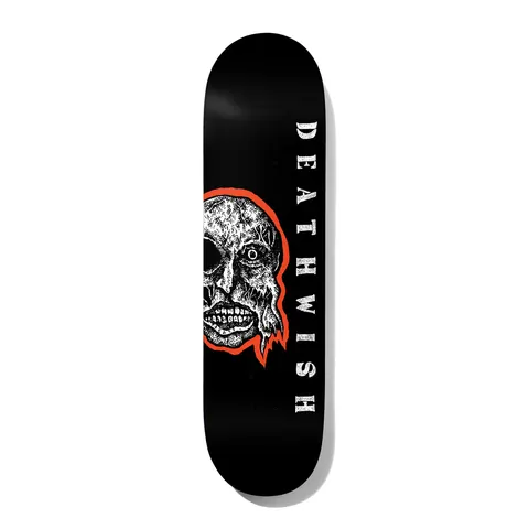 Deathwish Foy Mind Wars 8.5 skateboard deck: Half of a decaying white skull with one eye socket and exposed teeth, outlined in orange-red, runs off the left edge of a black deck. Vertical white 'DEATHWISH' lettering sits beside it.