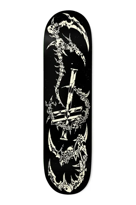 Deathwish Foy Mutations Twin 8.5 skateboard deck: Cream-on-black illustration of a bony spined creature with scythe-like claws coiling around an inverted cross, with small skulls among the bones.