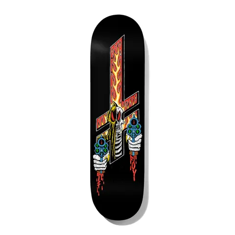 Deathwish Foy NIGHTMARE CITY 8.5 skateboard deck: Hooded skeletal reaper with red eyes stands before a flaming inverted cross, pointing two blue revolvers forward with bleeding skeletal hands, on black.