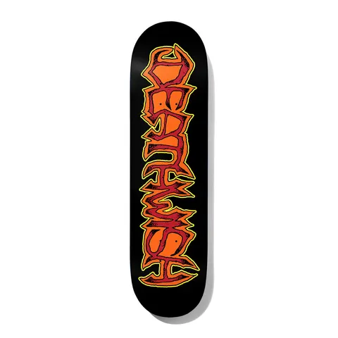 Deathwish Foy Saturation 8.38 skateboard deck: The Deathwish name in jagged, spiky lettering filled orange and red with yellow outlines, running down a black deck.