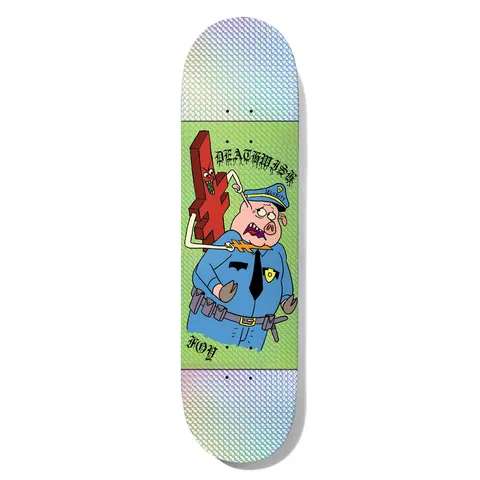 Deathwish Foy Security Swine 8.5 skateboard deck: Cartoon of a pig in a blue security guard uniform being poked in the eye by a red inverted-cross creature, on a green panel with holographic silver ends. Deathwish and rider name in gothic lettering.
