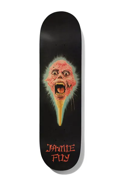 Deathwish Foy Skull 8.0 skateboard deck: Screaming melting ice cream scoop with a ghoulish pink face and fangs, sitting on a waffle cone and glowing with a teal aura. Rider name in red brush lettering at the tail on black.