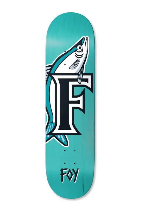 Deathwish Foy Slot 8.25 skateboard deck: A silver fish with a stylised baseball-style letter F overlaid on its body, drawn in black, white and teal outlines on a turquoise deck. The rider's name is hand-lettered near the tail end.