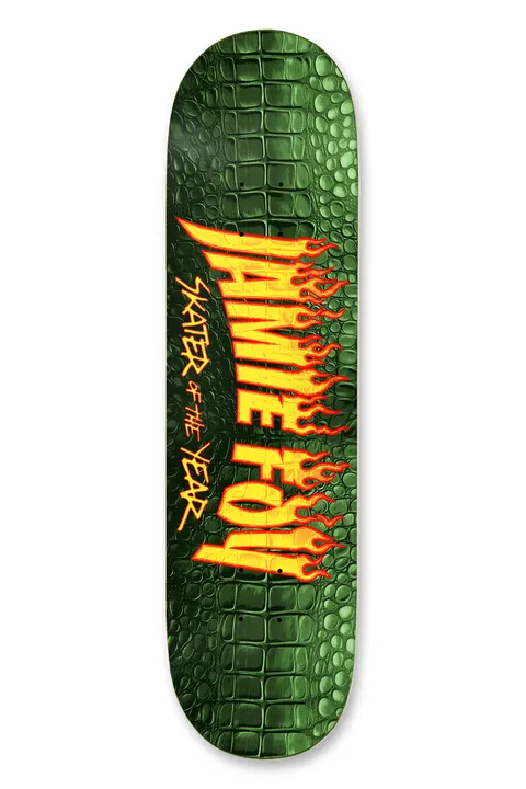 Deathwish Foy SOTY 2024 8.25 skateboard deck: Jamie Foy Skater of the Year in yellow flaming Thrasher-style lettering over green crocodile skin texture.