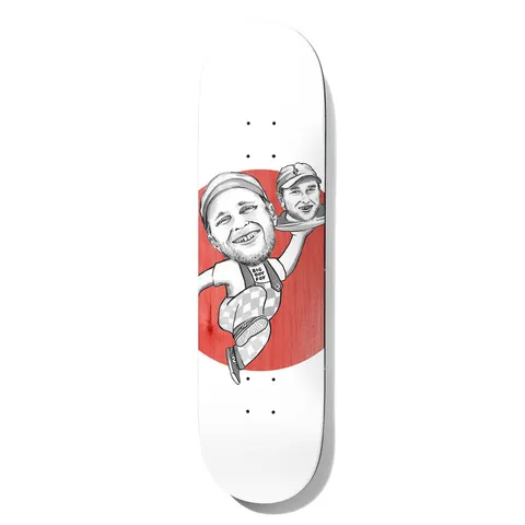 Deathwish Foy Spankys Big Boy 8.25 skateboard deck: A grey caricature drawing of a bearded man in a cap and checked trousers, running while carrying a second head on a tray, in the manner of a Big Boy mascot. A red circle sits behind on a white deck.