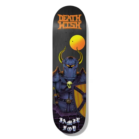 Deathwish Foy War Masters 8.0 skateboard deck: A horned knight in blue-purple armour with glowing yellow eyes holds a studded shield and sword, a skull on its belt, standing before a yellow moon on a black deck. Gothic-style rider name at the tail.