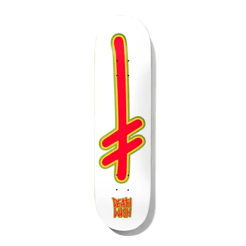 Deathwish Gang Logo Attitude 8.25 skateboard deck: Large red Deathwish gang logo, an upright cross with slanted crossbars, outlined in yellow-green on a white deck, with the small orange Deathwish wordmark at the tail.