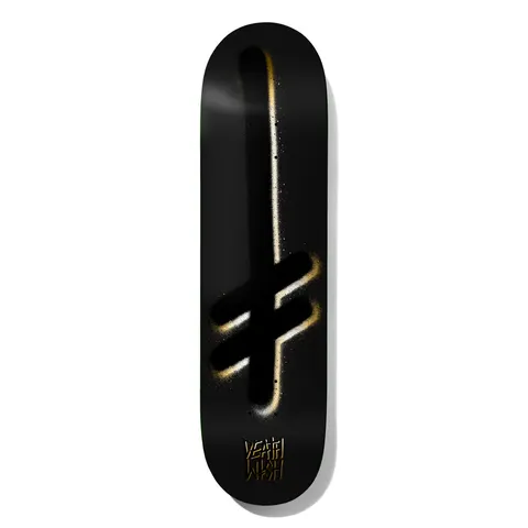 Deathwish Gang Logo Black/Gold 8.25 skateboard deck: Spray-painted Deathwish Gang Logo, an upside-down cross with two crossbars, in black with gold and white overspray on a black deck. Small gold Deathwish wordmark at the tail.