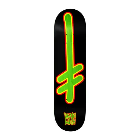 Deathwish Gang Logo Brains 8.5 skateboard deck: Black deck with the large Deathwish gang logo, a cross-like symbol with a double lower bar, filled with green and outlined in yellow and red. Deathwish wordmark in matching colours at the tail.