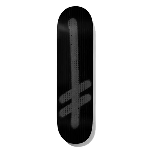 Deathwish Gang Logo Black Stamp 8.38 skateboard deck: The Deathwish gang logo, an upside-down cross with two bars, in grey spray-paint style on a black deck, with a fine vertical line texture across the surface.