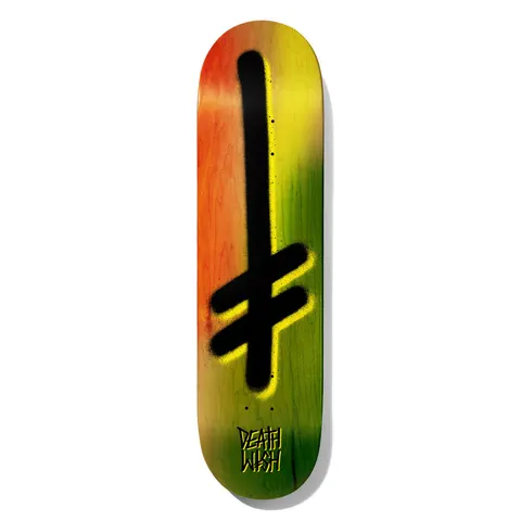 Deathwish Gang Logo Earth 8.25 skateboard deck: Deck with rasta-style gradient of red, yellow and green wood stain, carrying a large black spray-painted Deathwish gang logo cross with a yellow glow. Small yellow DEATHWISH lettering at the tail.