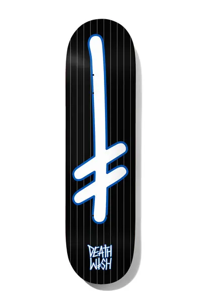 Deathwish Gang Logo Juice 8.5 skateboard deck: Large white Deathwish gang logo, an upright cross with a slanted crossbar, outlined in blue over a black deck with fine white pinstripes. Deathwish wordmark at the tail.
