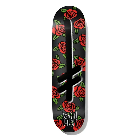 Deathwish Gang Logo Mamba Black 8.25 skateboard deck: A black deck covered in red roses with green leaves, with the Deathwish gang logo cross sprayed over it in black with a white spray-paint edge. Deathwish lettering at the tail.