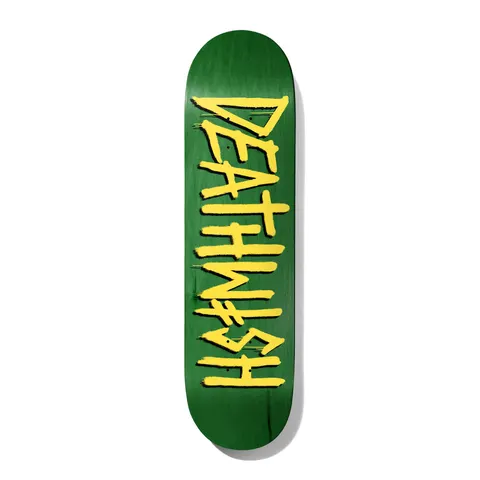 Deathwish Assorted 8.125 skateboard deck: Deathwish gang logo in large rough brush-style yellow capital letters running down the length of a green stained deck, with small drips below some letters.