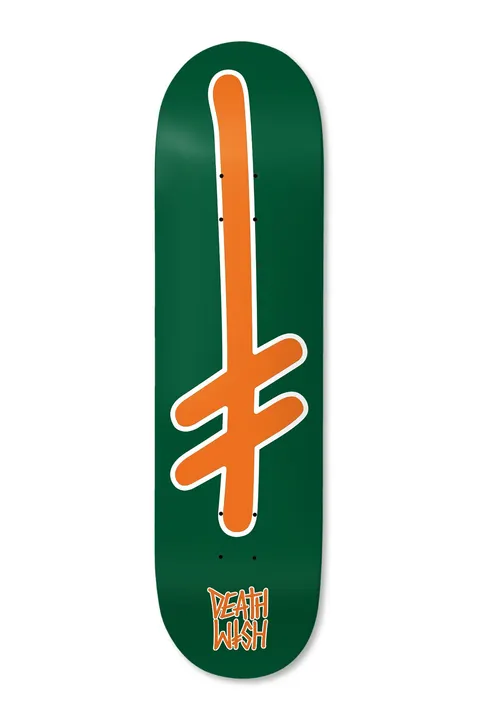 Deathwish Gang Logo University 8.25 skateboard deck: The Deathwish gang logo, a large orange upright cross with a white outline, runs down the centre of a dark green deck, with the brand name in small orange lettering at the bottom.