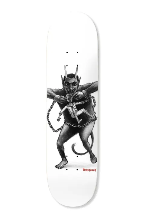 Deathwish Happy Holidays 8.5 skateboard deck: A grey pencil-style drawing of a horned, hairy Krampus-like devil with a long tongue, holding a chain and a small struggling child in his grip, on a plain white deck. Deathwish logo in red near the tail.