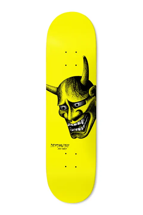 Deathwish Hayes All Tore Up 8.5 skateboard deck: A stippled black-and-yellow illustration of a horned Japanese oni mask with a toothy grin, on a flat yellow deck. Deathwish and rider name handwritten at the lower left.