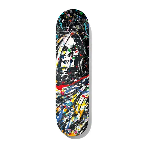 Deathwish Hayes Always Go 8.125 skateboard deck: Expressionist paint-splattered image of a hooded skull in black, white and grey, with splashes of red, yellow, blue, green and teal over it. Rider signature in white near the top.