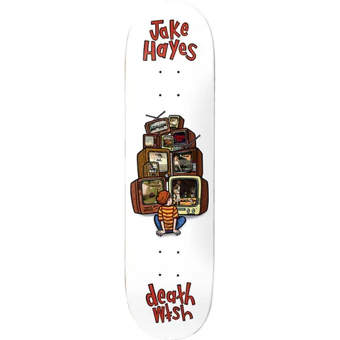 Deathwish Hayes Channel Surfing 8.25 skateboard deck: Boy in a striped top sitting cross-legged in front of a tall stack of old televisions, each showing a different scene, on a white deck with red hand-lettered name and Deathwish logo.