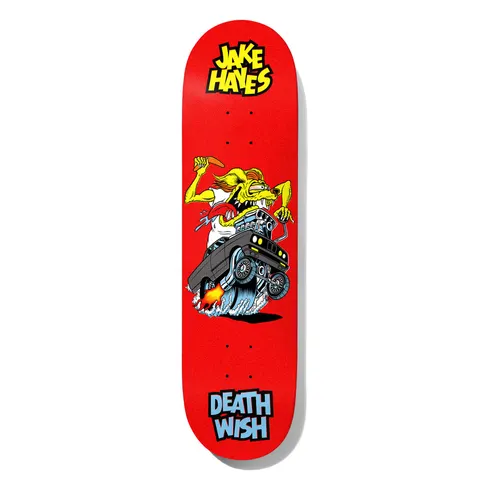 Deathwish Hayes Creeps 8.125 skateboard deck: Rat Fink-style cartoon of a yellow rat driving a black hot rod with a huge exposed engine, flames from the exhaust, waving a boomerang. Name in yellow lettering at the top and Deathwish logo at the tail on red.