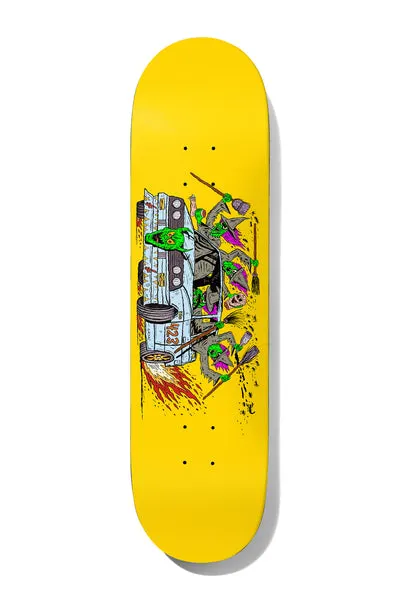 Deathwish Hayes Deathwitch Trials 8.25 skateboard deck: Green-skinned witches with brooms and pointed hats pile into and onto a battered car, its tyre loose and trailing flames. Hand-drawn comic style on a plain yellow deck.