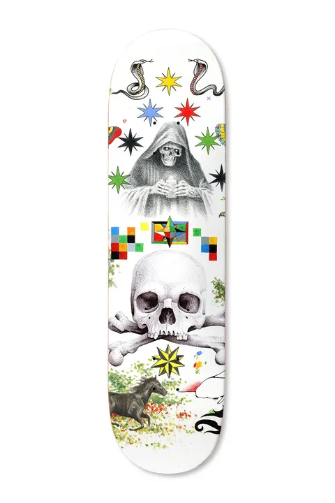 Deathwish Hayes Endless Abyss 8.5 skateboard deck: White deck covered in tattoo-flash style imagery: a hooded grim reaper, a large skull and crossbones, cobras, multicoloured stars, pixel-like colour blocks and a running black horse in a flowery field.