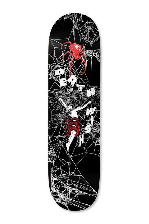 Deathwish Hayes Entangled 8.25 skateboard deck: Black deck covered in white spiderwebs, with a red spider at the top and a pale figure tangled in the web, wrapped in a red shape. DEATHWISH is spelled out in scattered white letters and a Jake Hayes signature sits near the bottom.