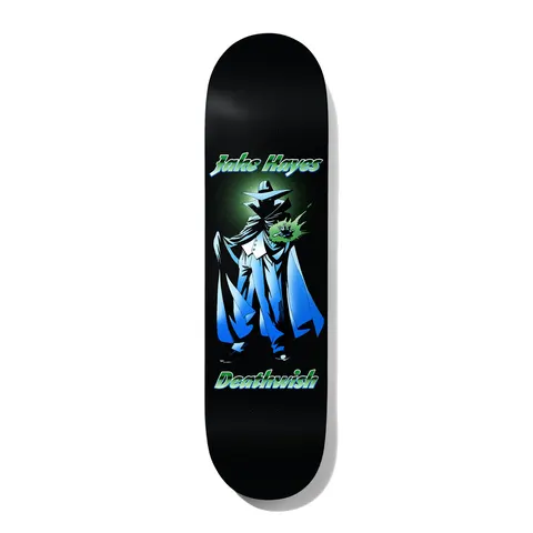 Deathwish Hayes Ernie 8.25 skateboard deck: Silhouetted caped figure in a wide-brimmed hat, with blue gradient cloak and a green glowing burst in one hand, on black. Jake Hayes in green italic script at the top and Deathwish at the bottom.
