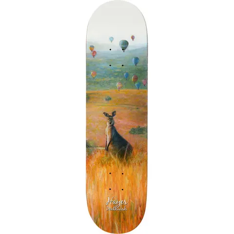 Deathwish Hayes Hopper 8.38 skateboard deck: Painterly landscape of a kangaroo sitting upright in golden grass with green hills behind and hot air balloons floating in a hazy sky. Rider and brand names in small white script at the tail.