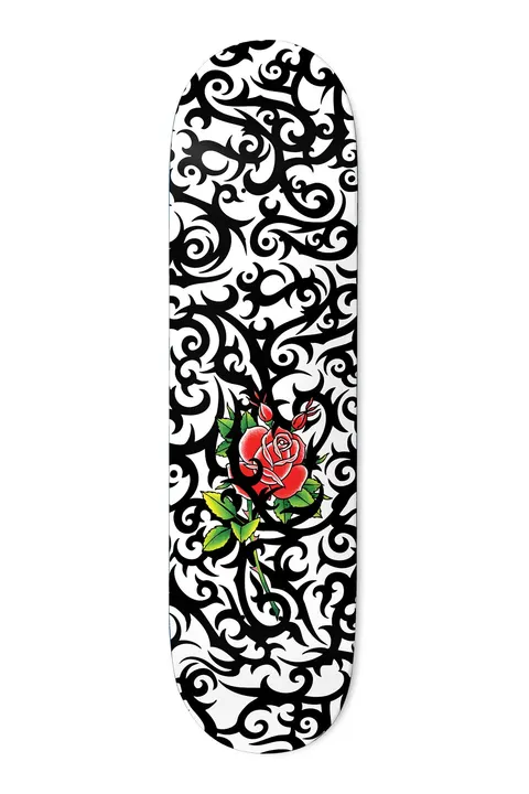 Deathwish Hayes I Need Your Soul 8.5 skateboard deck: White deck covered in black tribal-style swirling thorny vines, with a single red rose with green leaves at the centre.