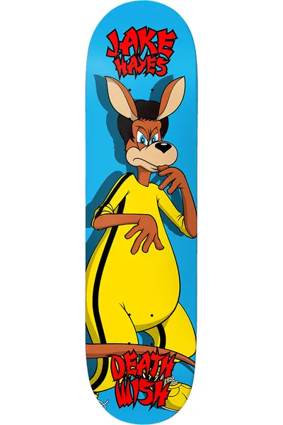 Deathwish Hayes Kanga Woo 8.0 skateboard deck: Cartoon kangaroo in a yellow tracksuit with black side stripes, striking a thoughtful pose with a hand at its chin, on a blue background with the rider's name in red graffiti lettering at top and brand name at bottom.