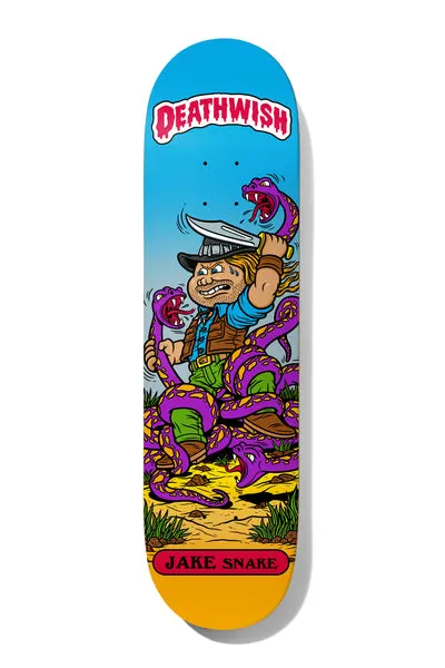 Deathwish Hayes Low Life Kids 8.125 skateboard deck: Garbage Pail Kids-style cartoon of an adventurer in a helmet fighting purple snakes with a sword, in a desert scene. Dripping red Deathwish logo at the top and a 'Jake Snake' label at the bottom.
