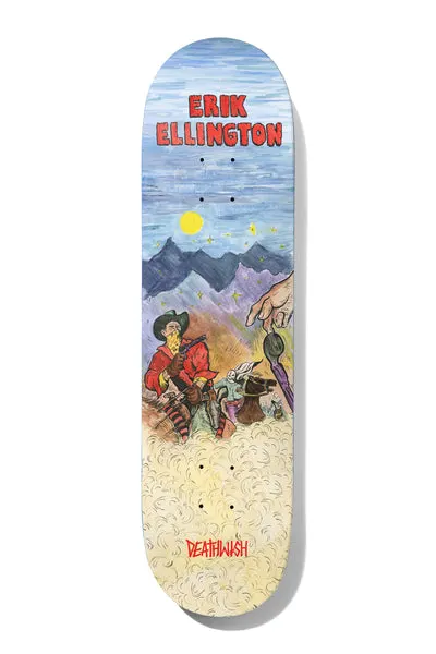 Deathwish Ellington Six Shooter 8.5 skateboard deck: Painted western scene of a masked cowboy gunslinger crouched in a desert at dusk with a rider behind, mountains and a yellow moon beyond, and a giant hand holding a paintbrush at the edge. Red 'Erik Ellington' at top and Deathwish logo at the bottom.