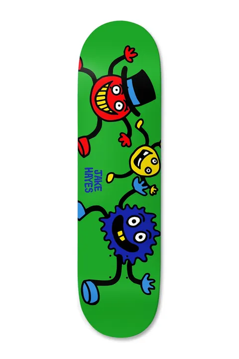 Deathwish Hayes Maniac 8.475 skateboard deck: Three grinning cartoon blobs with stick limbs dance on a green deck: a red one in a black top hat, a small yellow one and a spiky blue one with a gold tooth. The rider's name is printed in blue.