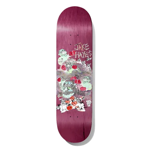 Deathwish Hayes Mice & Men 8.125 skateboard deck: Loose cartoon-style illustration of green-skinned and grey characters with red boxing gloves piled together in a brawl, with Jake Hayes written in hand-drawn lettering at the top. Printed on a magenta-stained deck.