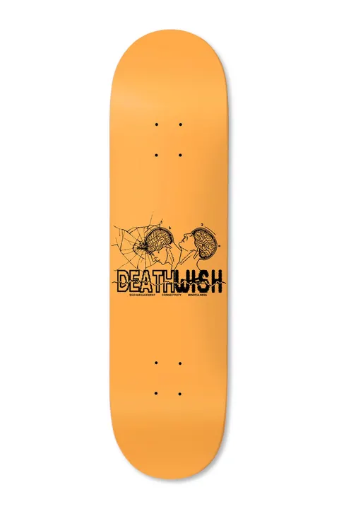 Deathwish Hayes Mindfulness 8.475 skateboard deck: Plain orange deck with a small black line illustration of two heads in profile showing brains, one with a cracked glass effect, above the DEATHWISH logo and tiny captions ego management, connectivity and mindfulness.
