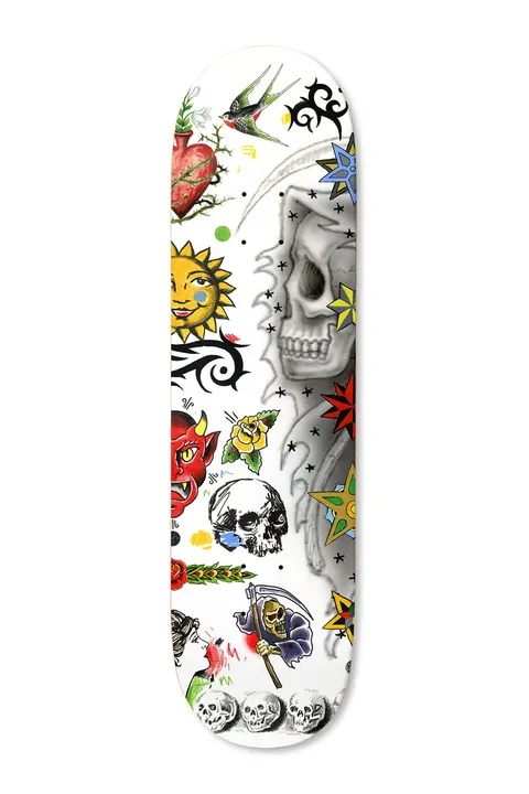 Deathwish Hayes Never Breathe Again 8.25 skateboard deck: White deck crowded with tattoo-flash images: a large faded grim reaper skull, a sacred heart, sun face, red devil, roses, swallow, tribal shapes, small reaper with scythe, skulls and coloured stars.